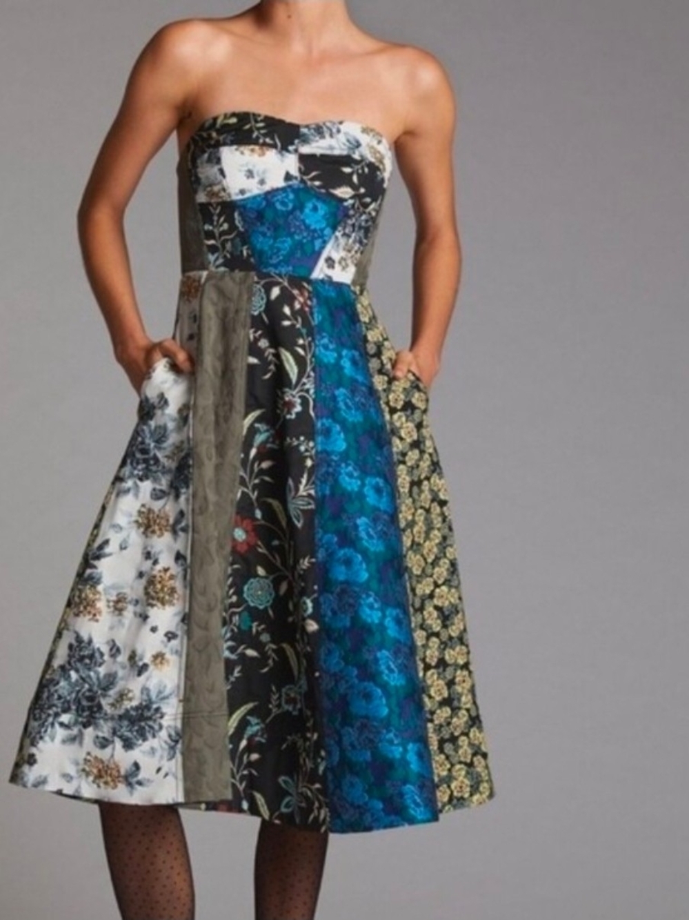 NWT! Strapless Patchwork Floral Midi Dress in Blue and Black, Size 12